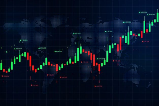 Forex trading chart with candlestick patterns over a global map background showing currency market trends.
